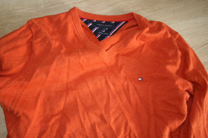 Tommy Hilfiger Herren Baumwolle Kaschmir V-Ausschnitt Orange Pullover Größe M